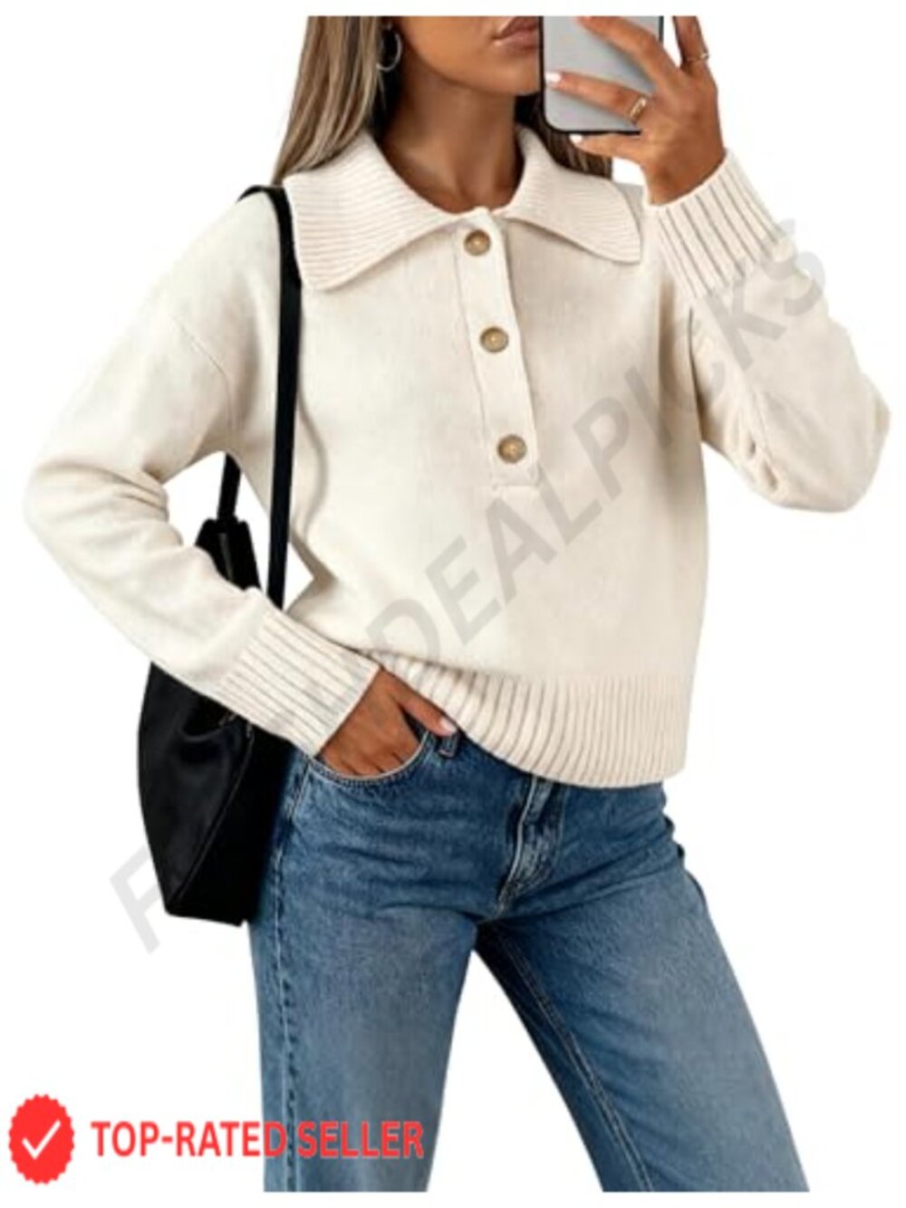 Polo Knit Sweater Pullover V Neck Lapel Button Long Sleeve Ribbed Henley Top